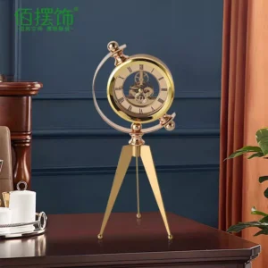 luxury decorative table clock with golden spherical design and triple base