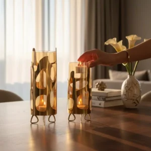 luxury glass vase with golden metal frame – modern elegant design