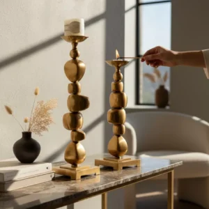 luxury gold metal candle holder set – modern pebble inspired design