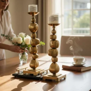 luxury gold metal candle holder set – modern pebble inspired design