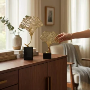 luxury golden leaf metal decor set with marble base – elegant modern design