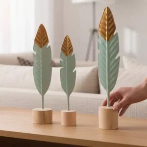 decorative feather trio on wooden bases