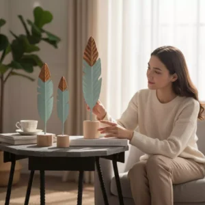 decorative feather trio on wooden bases