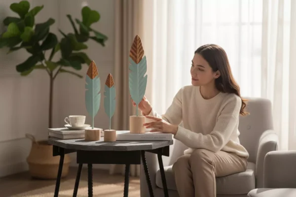 decorative feather trio on wooden bases decorative feather trio on wooden bases