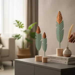 decorative feather trio on wooden bases