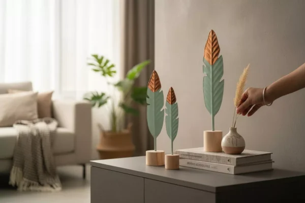 decorative feather trio on wooden bases decorative feather trio on wooden bases