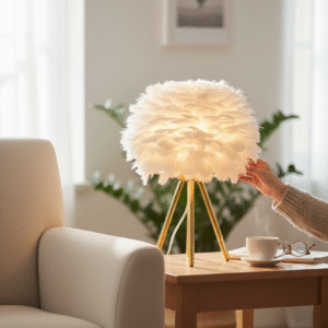 feather glow luxe lamp – luxury feather table lamp with golden tripod base