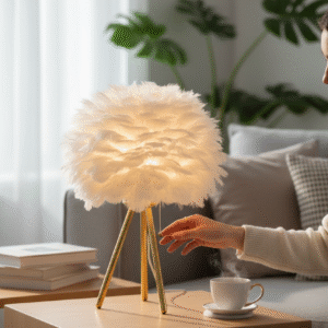 feather glow luxe lamp – luxury feather table lamp with golden tripod base