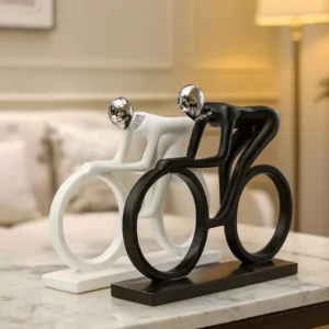 Abstract Cyclist Sculptures – Dynamic Black & White Duo with Artistic Flow