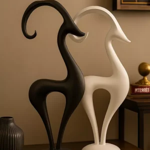Abstract Deer Sculptures – Elegant Black & White Pair