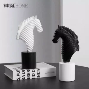 abstract horse head sculptures – black & white duo with ribbed design