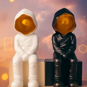 Abstract Hooded Sculptures – Black & White Duo with Golden Face Accents