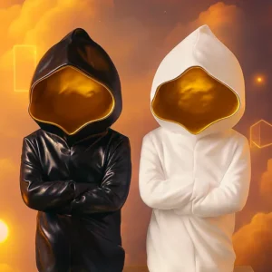 Abstract Space Sculptures – Black & White Duo with Golden Hood Accents