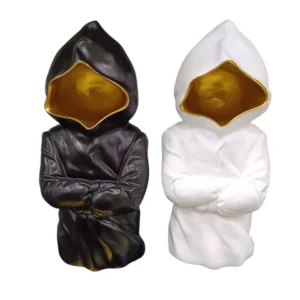 abstract space sculptures – standing black & white duo with golden hood accents