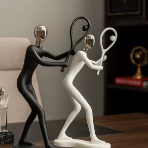 Abstract Tennis Player Sculptures – Dynamic Black & White Duo