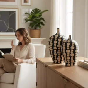 black ceramic vase duo with cream artistic motifs