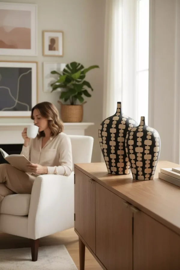 black ceramic vase duo with cream artistic motifs black ceramic vase duo with cream artistic motifs