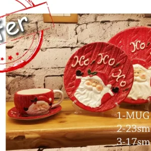 christmas 3 piece set – santa mug with large and small plates featuring ho ho ho design