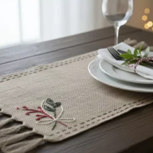 christmas burlap table mat set hand embroidered rustic designs in multiple festive styles 02