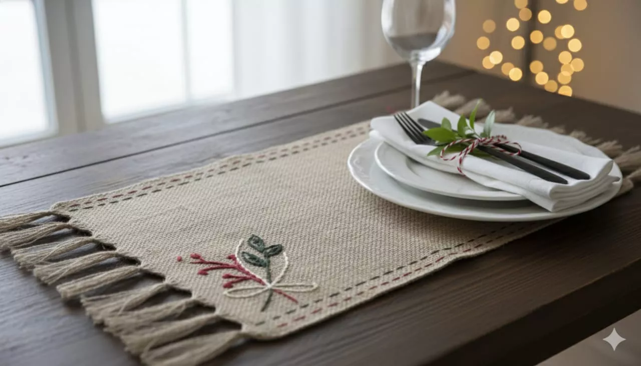 christmas burlap table mat set hand embroidered rustic designs in multiple festive styles 02 christmas burlap table mat set hand embroidered rustic designs in multiple festive styles 02