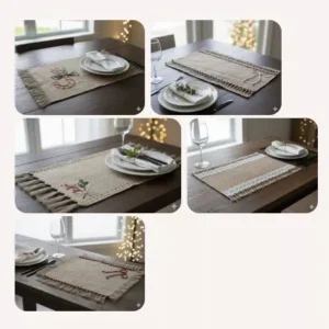 christmas burlap table mat set hand embroidered rustic designs in multiple festive styles 05