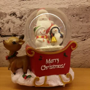 christmas sleigh snow globe – santa, snowman & penguin in a festive holiday scene