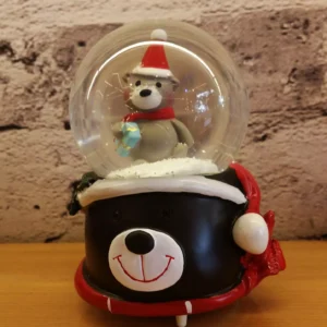 christmas snow globe decoration – bear with gift on playful bear face base