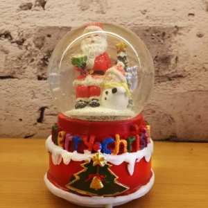 christmas snow globe decoration – santa and white bear on festive red base