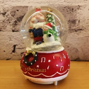 christmas snow globe decoration – santa, snowman & tree on red base with golden wreath