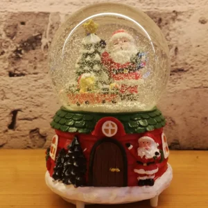 christmas snow globe decoration – santa with tree on snowy house base