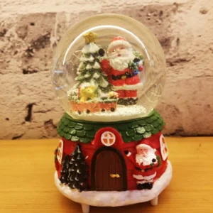 christmas snow globe decoration – santa with tree on snowy house base