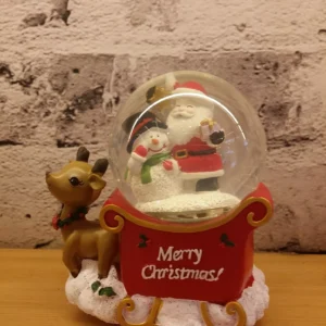 christmas snow globe – elegant red sleigh with santa & snowman figurines