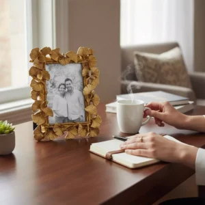 decorative photo frame with golden leaf design