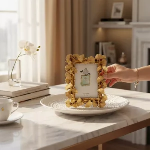 decorative photo frame with golden leaf design