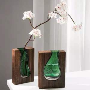 elegant green glass & wood vase set – two sizes