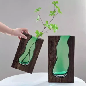 elegant green glass & wood vase set – two sizes