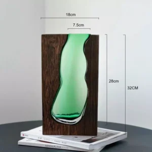 elegant green glass & wood vase set – two sizes