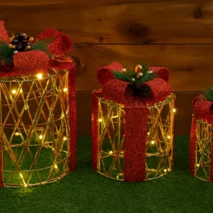 illuminated golden christmas gift boxes – trio set with red ribbon accents