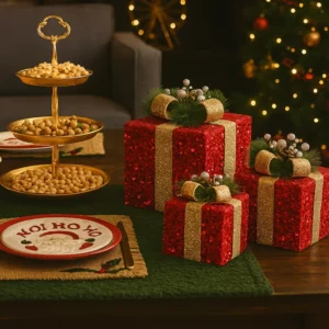 red glitter christmas gift boxes – golden trio set