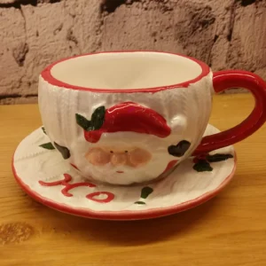 santa ceramic cup with saucer – 3d holiday design with ho ho ho and holly accents