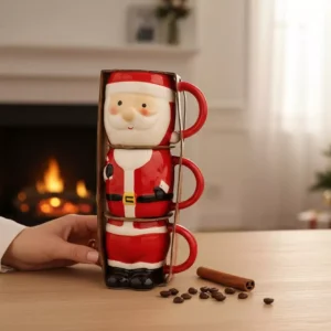 set of 3 connected santa ceramic mugs – full holiday character in one festive trio