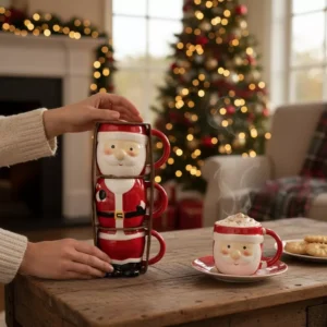 set of 3 connected santa ceramic mugs – full holiday character in one festive trio