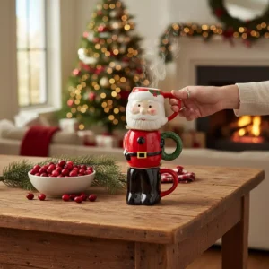set of 3 santa ceramic mugs – festive trio with playful holiday character design