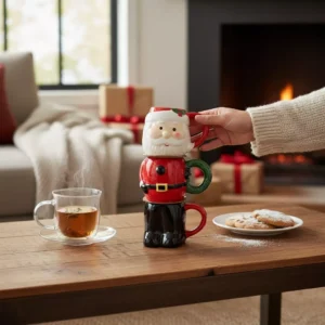 set of 3 santa ceramic mugs – festive trio with playful holiday character design