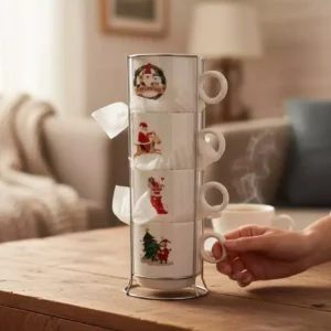 set of 4 white christmas cups with elegant metal stand