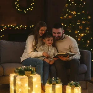 snowy white christmas gift boxes – trio set with golden ribbon accents