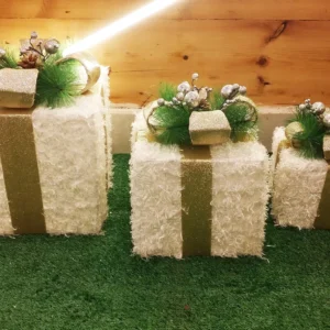 snowy white christmas gift boxes – trio set with golden ribbon accents