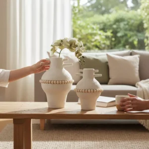 white ceramic vase duo with beaded accent