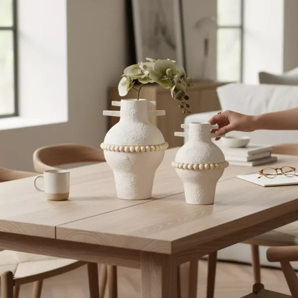 white ceramic vase duo with beaded accent white ceramic vase duo with beaded accent