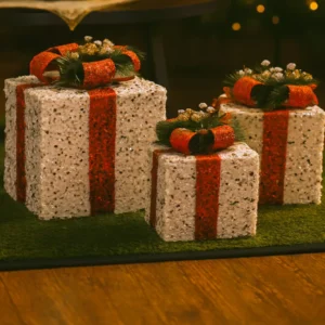 white glitter christmas gift boxes – trio set with red ribbon accents